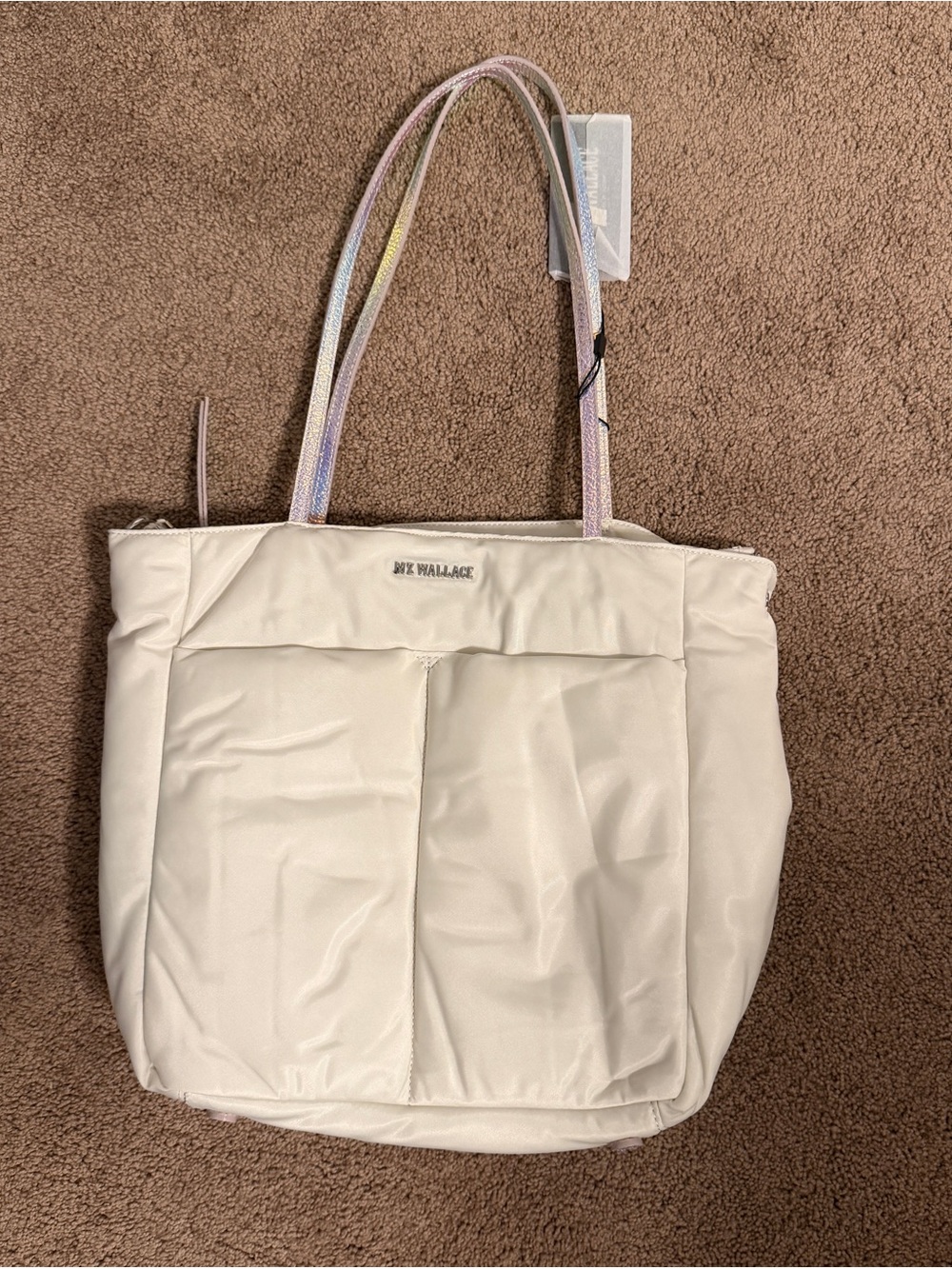 Bowery Quatro Tote Bag in White with Iridescent Straps